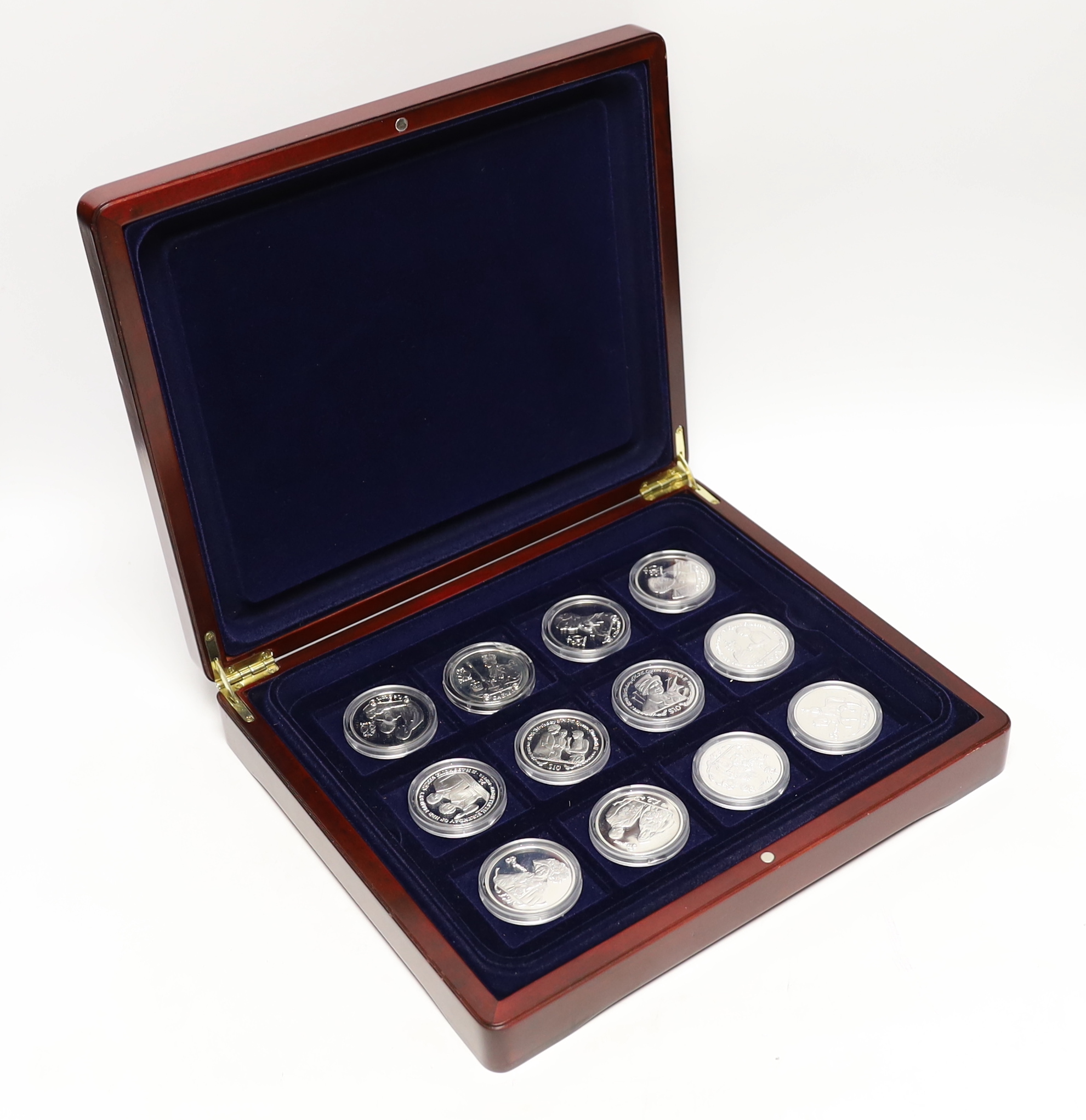 Eightieth Birthday of her Majesty Queen Elizabeth II silver proof collection coins 2006, for British Virgin Islands, South Georgia, Republic of Sierra Leone, Seychelles, Liberia, etc, each 28.28g sterling silver